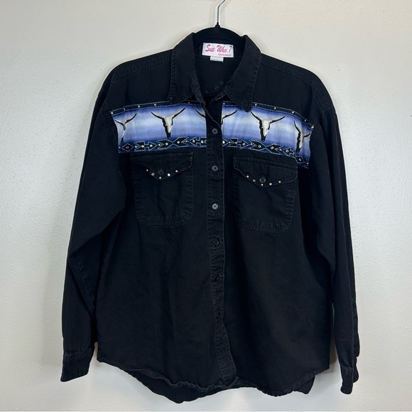 Sue Who Tops - Vintage Sue Who? Women’s Western Shacket Top Size L Button Up Rhinestone‎ Black